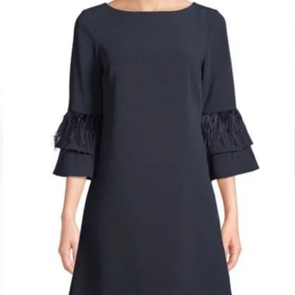 Tahari Navy Dress with Feathered Sleeves